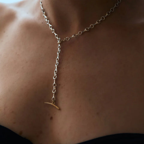 Double Beam Chain Two Tone Necklace with Tusk Clasp