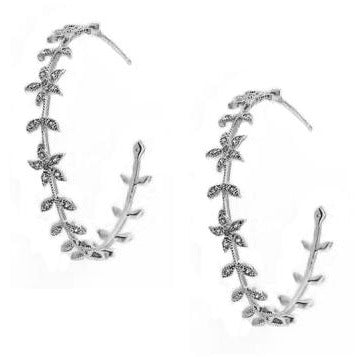 Leaf Hoop Earrings in Silver with Cubic Zirconia
