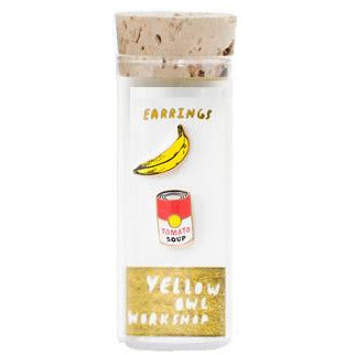 Pop Art Banana and Soup Earrings vial